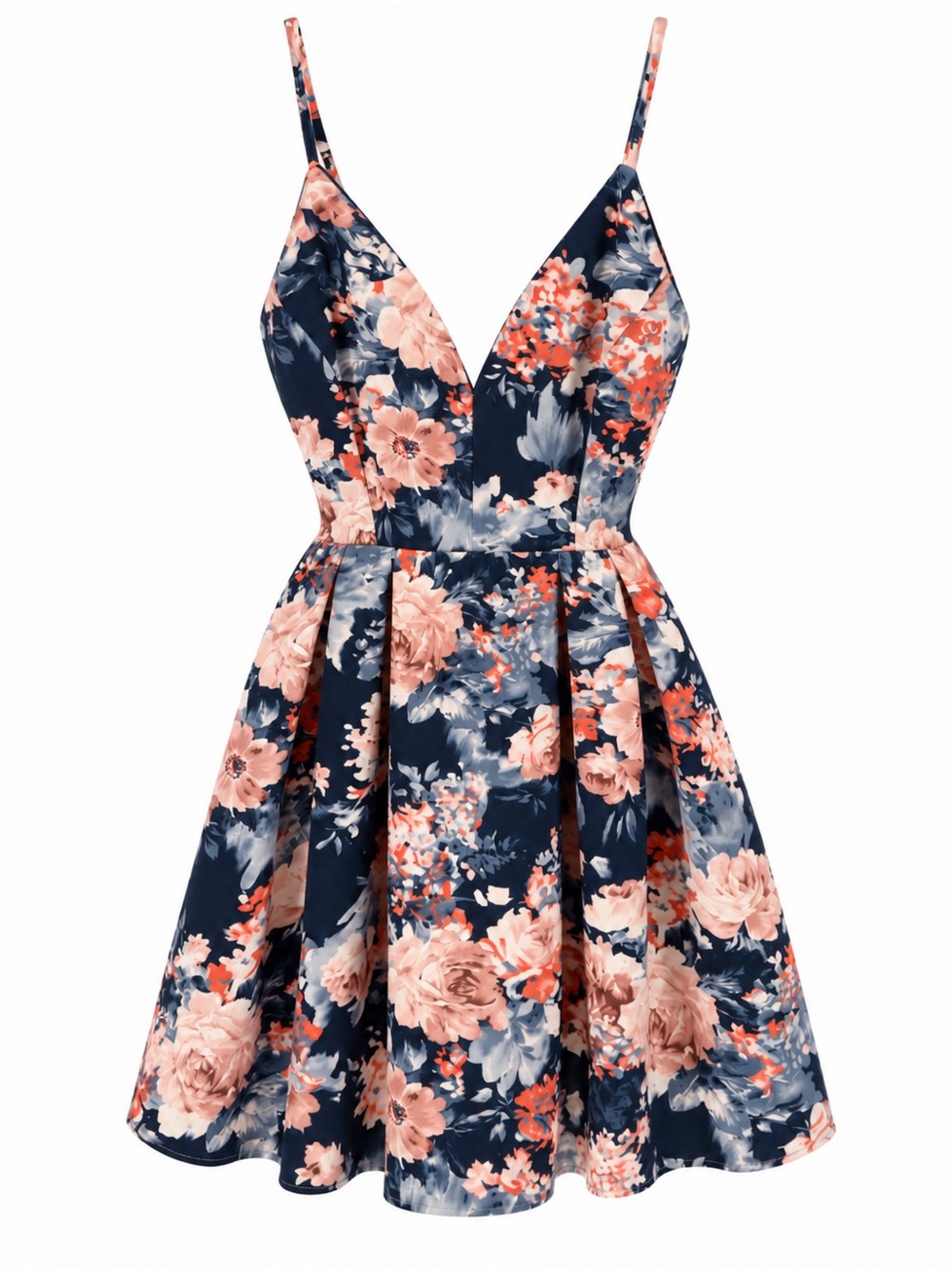Floral Navy & Blush Fit-and-Flare Dress - Sleeveless V-Neck